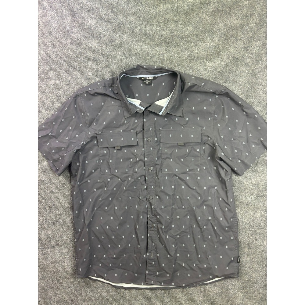 Voyager Button Down Shirt Mens XL Gray Geometric‎ Print Short Sleeve Stretch